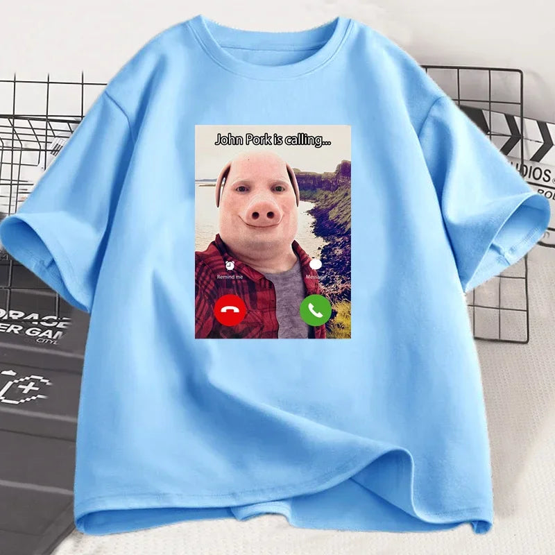 John Pork Is Calling T Shirts Funny Graphic Tee Top Oversized Cotton Humor Pig Meme Design Mens Clothes Oversized Streetwear