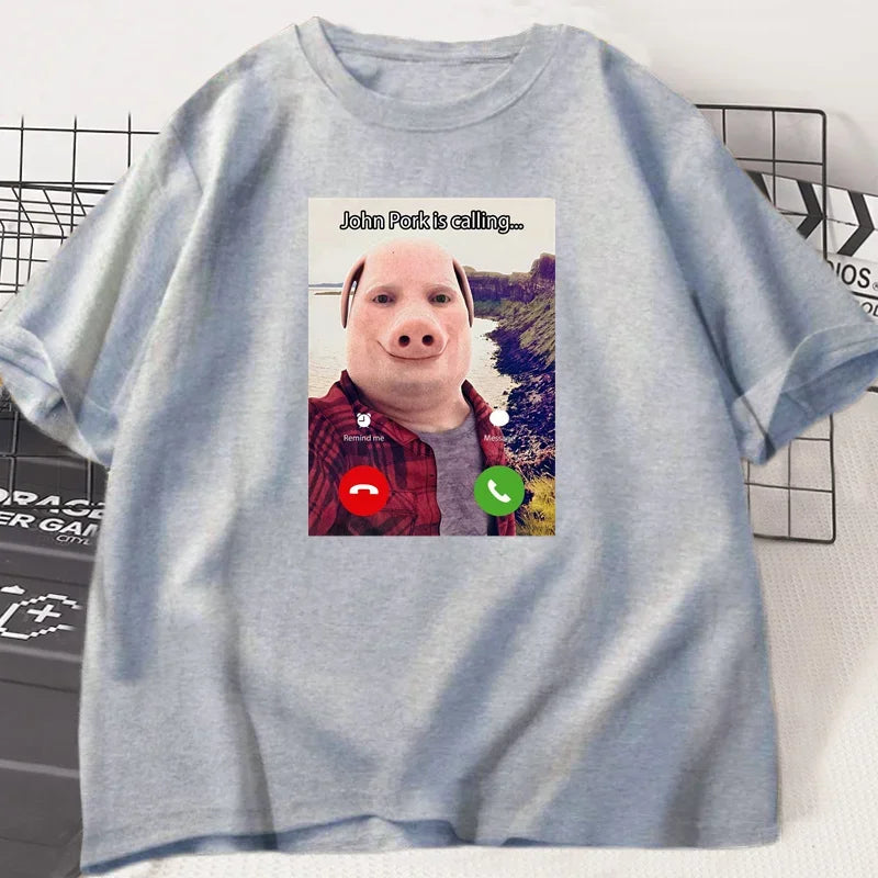 John Pork Is Calling T Shirts Funny Graphic Tee Top Oversized Cotton Humor Pig Meme Design Mens Clothes Oversized Streetwear