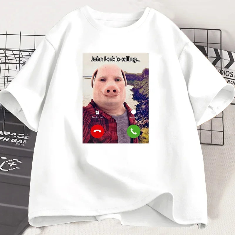 John Pork Is Calling T Shirts Funny Graphic Tee Top Oversized Cotton Humor Pig Meme Design Mens Clothes Oversized Streetwear
