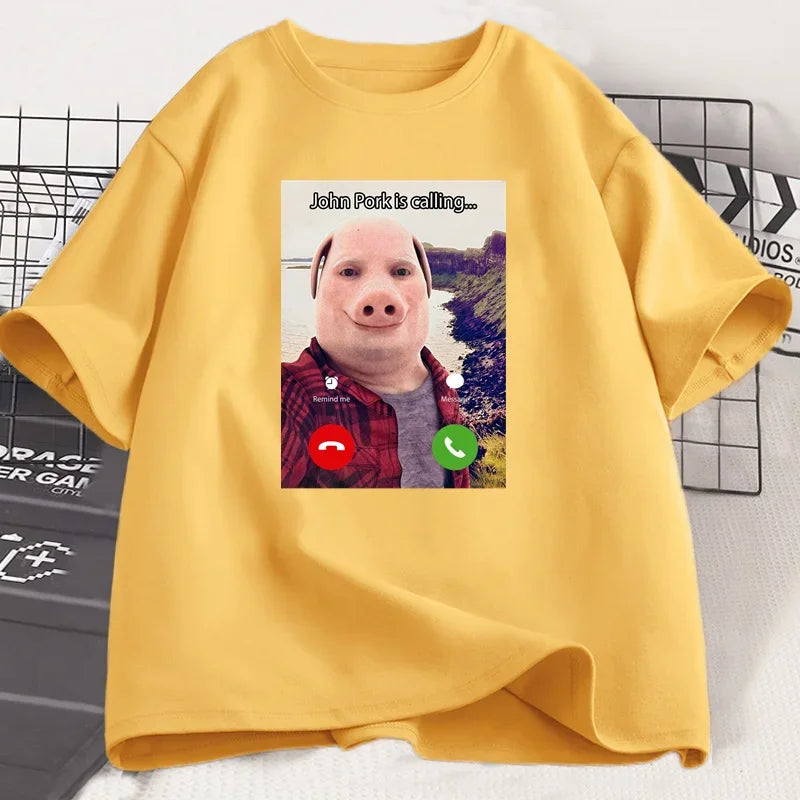 John Pork Is Calling T Shirts Funny Graphic Tee Top Oversized Cotton Humor Pig Meme Design Mens Clothes Oversized Streetwear
