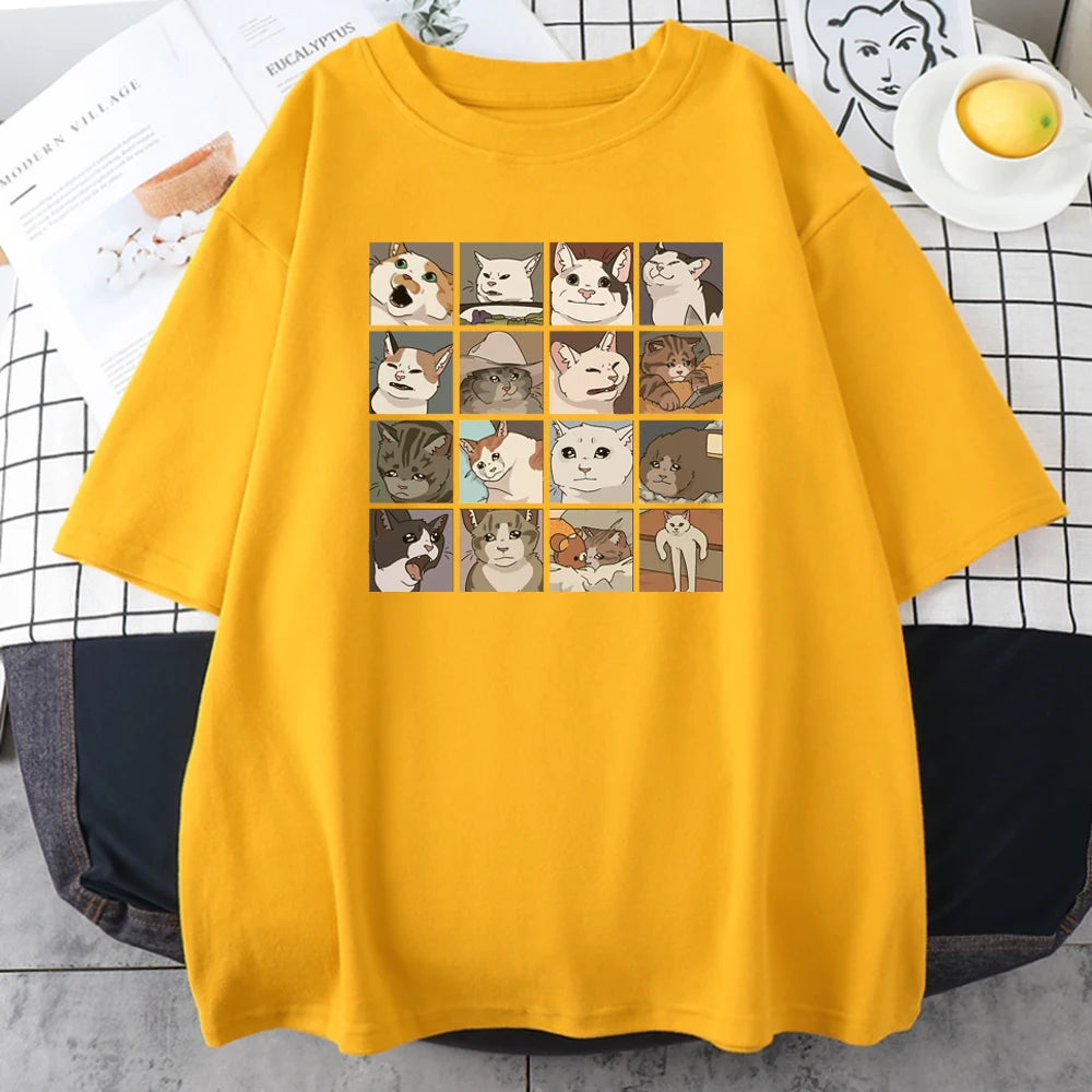 Meme Cats Puzzle Creativity Printed Men T-Shirts Beach Breathable Funny Clothing Oversize Casual Cotton Tops Mans Short Sleeve