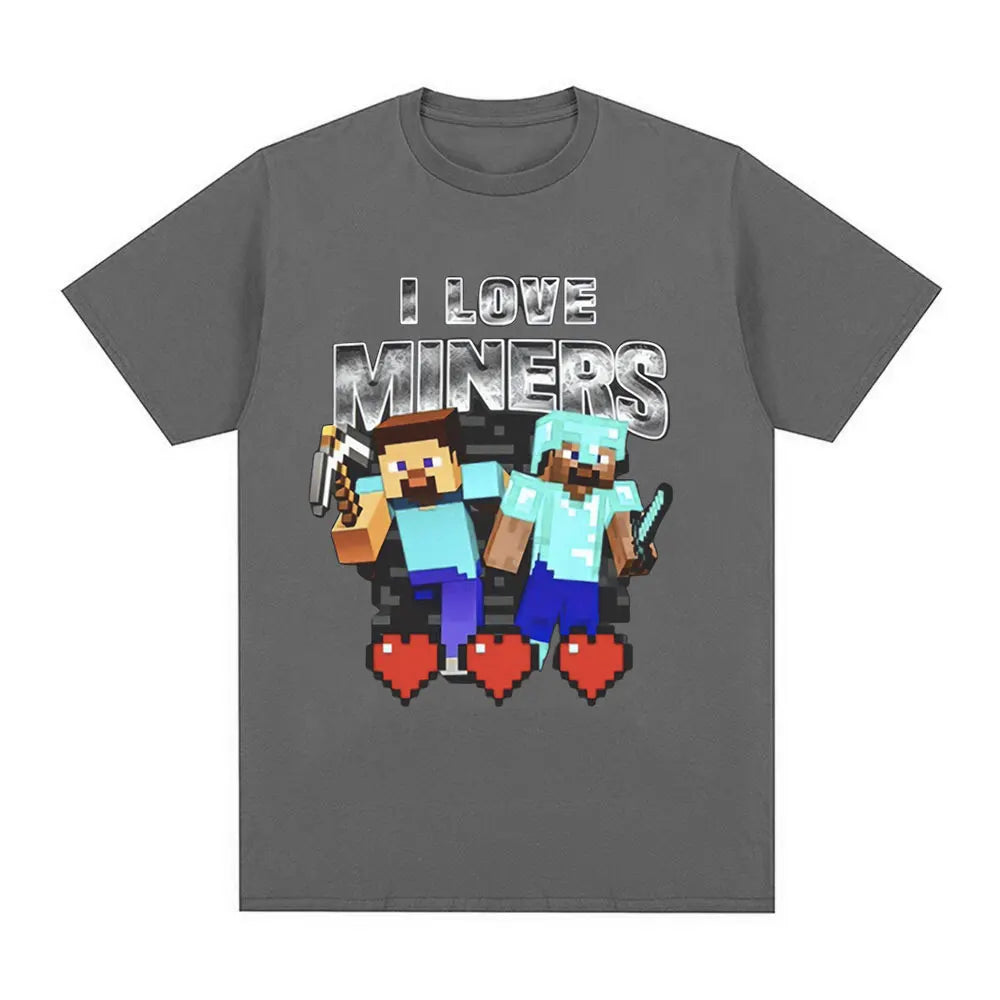 I Love Miners Print T Shirt Otaku Game Funny Meme T-Shirt Mens Women Clothing Cotton Casual Short Sleeve Oversized T Shirts Tops