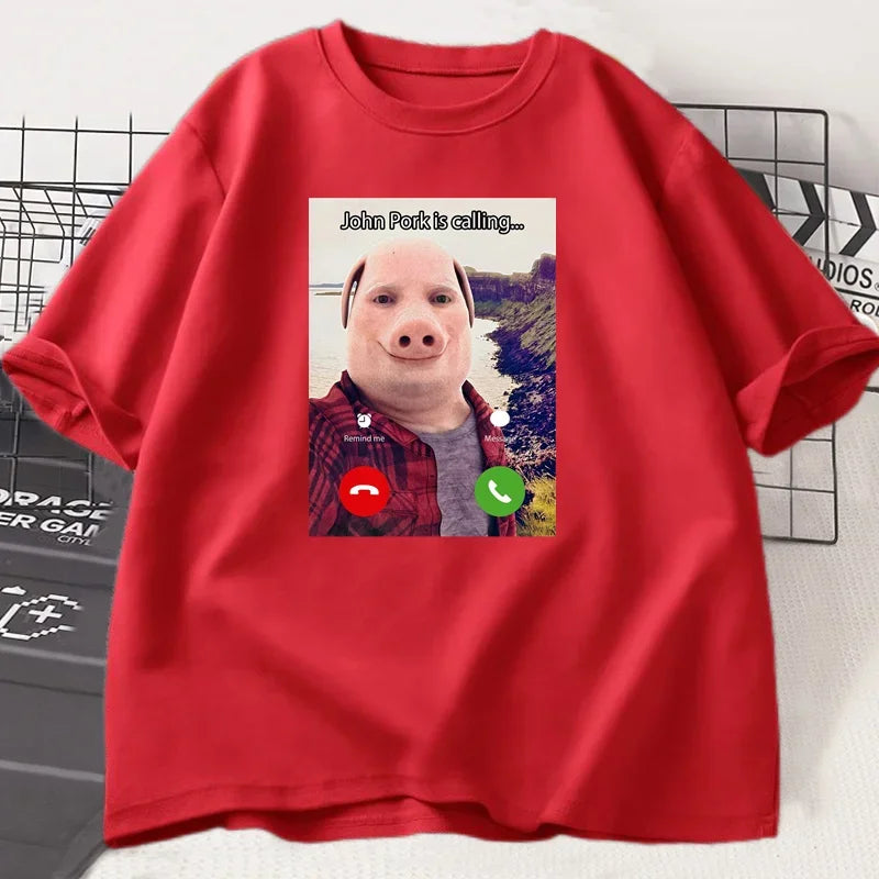 John Pork Is Calling T Shirts Funny Graphic Tee Top Oversized Cotton Humor Pig Meme Design Mens Clothes Oversized Streetwear