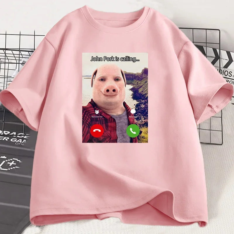 John Pork Is Calling T Shirts Funny Graphic Tee Top Oversized Cotton Humor Pig Meme Design Mens Clothes Oversized Streetwear