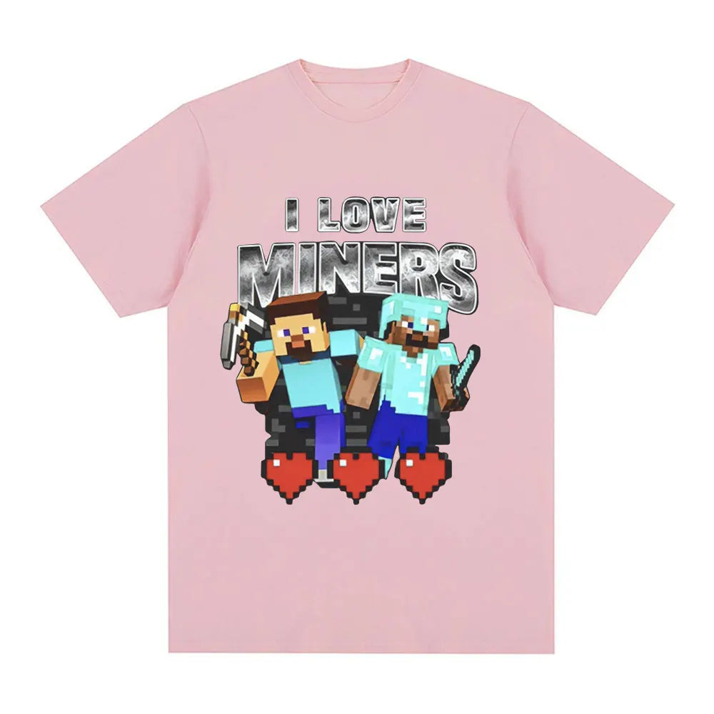 I Love Miners Print T Shirt Otaku Game Funny Meme T-Shirt Mens Women Clothing Cotton Casual Short Sleeve Oversized T Shirts Tops