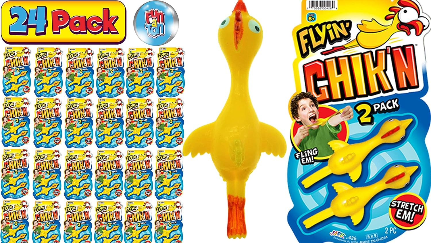 Mini Rubber Chicken Slingshot for Kids (24 Pack, 2 Units Each) Stretchy Finger Slingshot Toys. Funny Gag Gifts, Bulk Party Favors & Stocking Stuffers for Teens. 426-24P