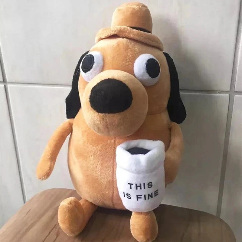 This Is Fine Meme Coffee Dog Plush Toy Soft Stuffed Doll Stuffed Plush Animals Kids Toy Gift for Children Boy Birthday